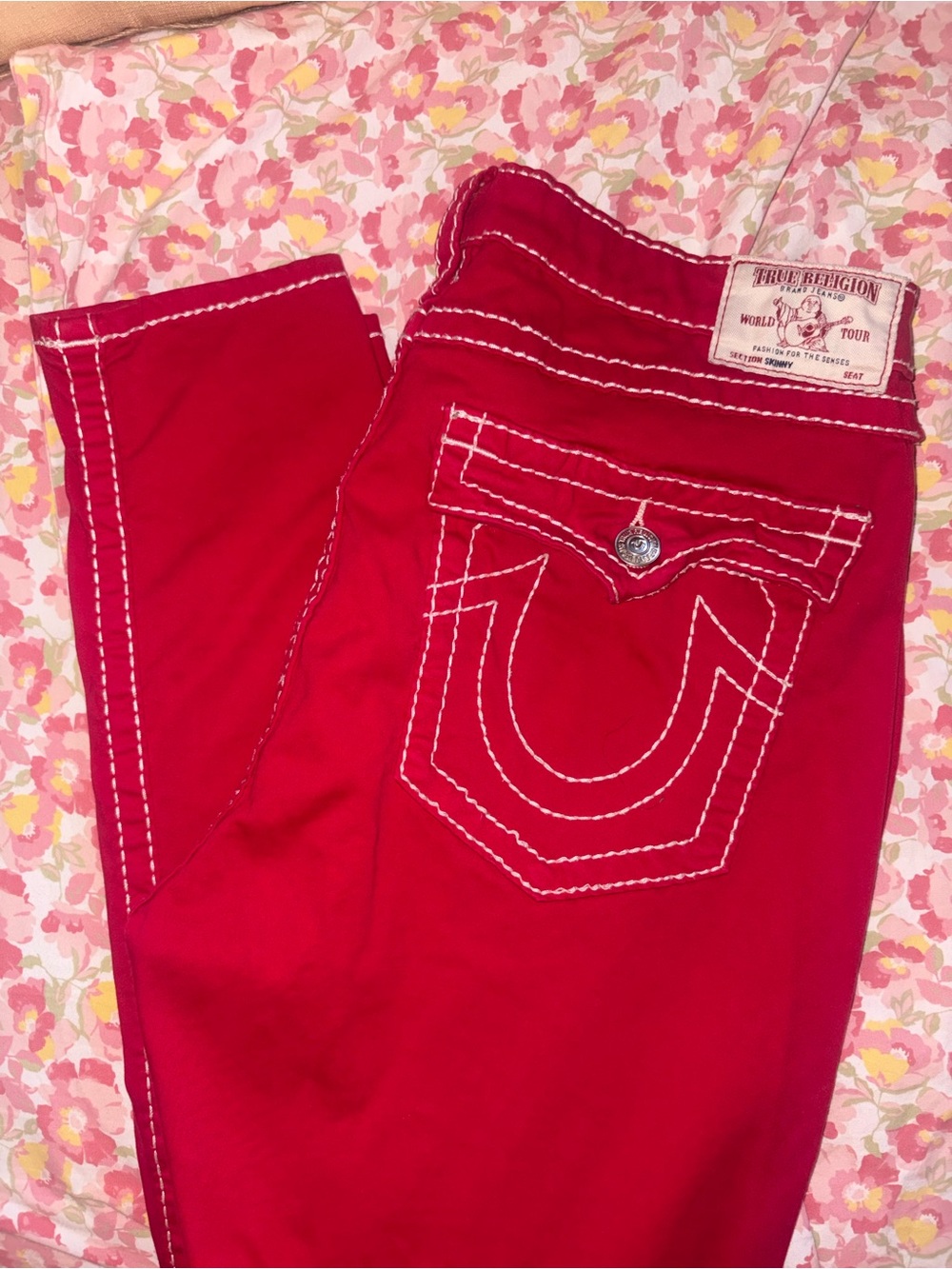 True Religion Women’s Red Skinny Jeans with Signature Back Pocket